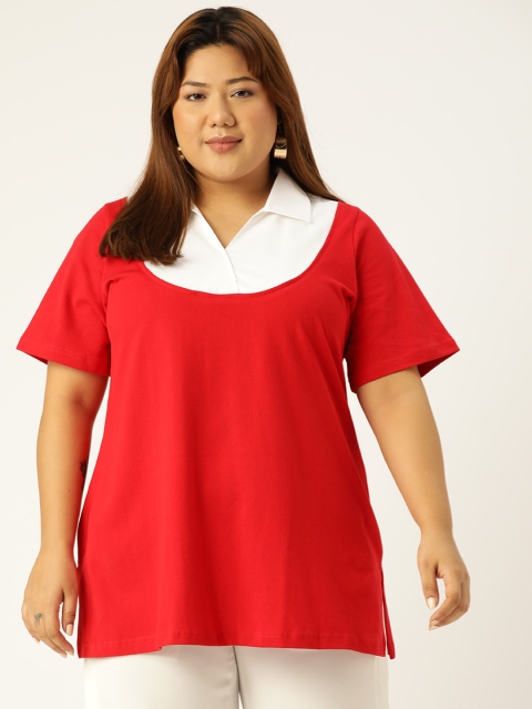 

Revolution Plus Size Red & White Colourblocked Cotton Longline Top