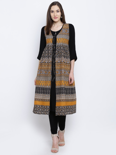 

Rangriti Women Mustard Yellow & Black Printed A-Line Kurta