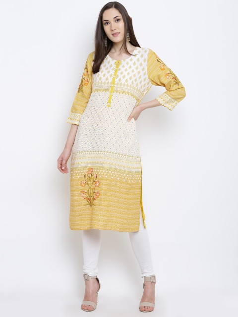 

Rangriti Women Off-White & Mustard Yellow Printed Straight Kurta
