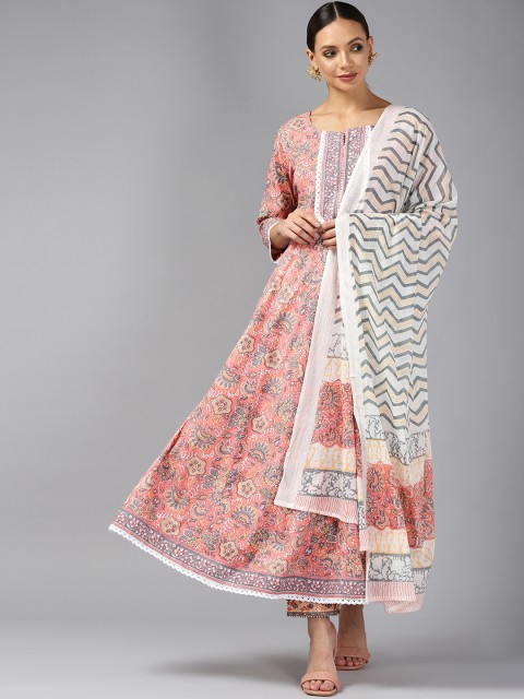 

Yufta Women Peach-Coloured Ethnic Motifs Printed Pure Cotton Kurta with Trousers & Dupatta