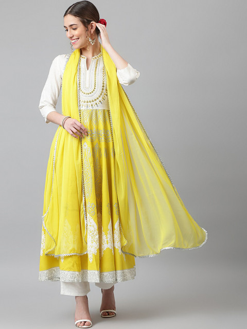 

Khushal K Women Yellow Embroidered Anarkali Kurta with Dupatta