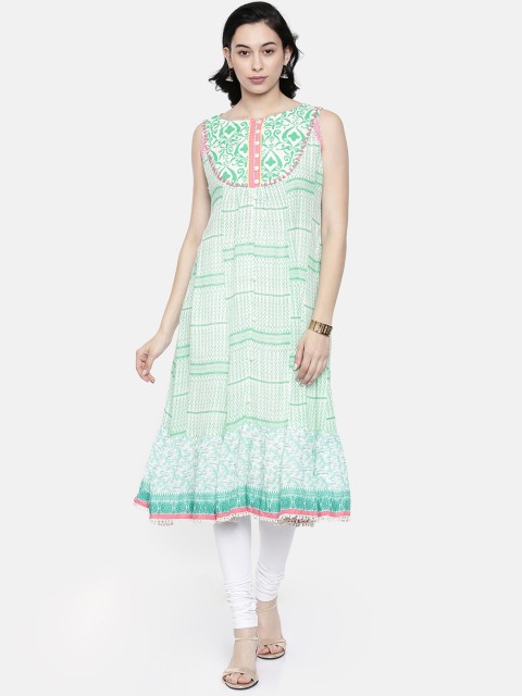 

Rangriti Women Green & Off-White Printed A-Line Kurta