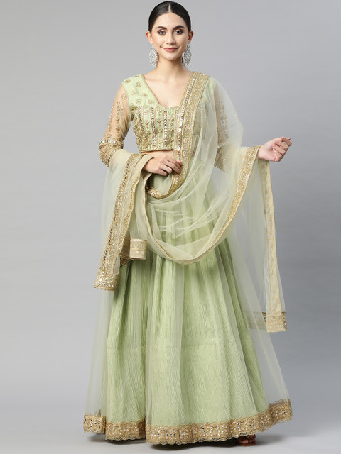 

Readiprint Fashions Green Embroidered Mirror Work Semi-Stitched Lehenga & Unstitched Blouse With Dupatta