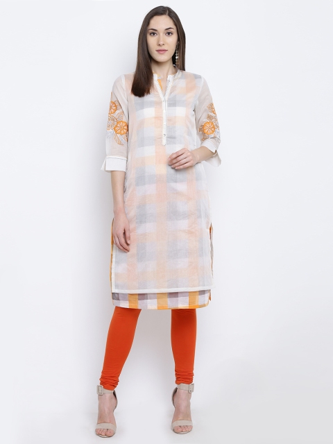 

Rangriti Women Off-White & Orange Checked Layered Straight Kurta