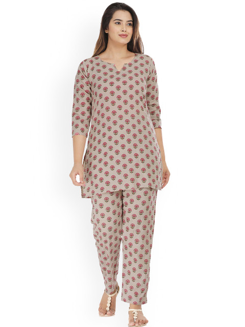 

HOUSE OF JAMOTI Women Grey Ethnic Motifs Printed Pure Cotton Kurti with Dhoti Pants
