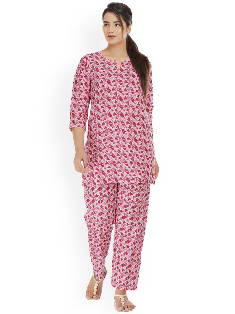 

HOUSE OF JAMOTI Women Pink Printed High Slit Pure Cotton Kurti with Dhoti Pants
