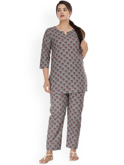 

HOUSE OF JAMOTI Women Grey Ethnic Motifs Printed Pure Cotton Kurti with Trousers