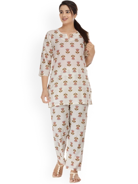 

HOUSE OF JAMOTI Women Off White Floral Pure Cotton Kurti with Patiala
