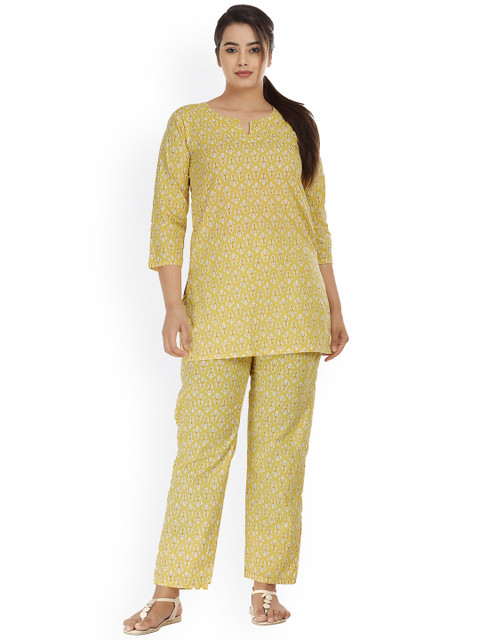 

HOUSE OF JAMOTI Women Yellow Ethnic Motifs Printed Empire Pure Cotton Kurti with Patiala