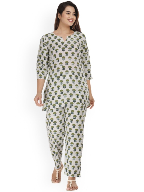 

HOUSE OF JAMOTI Women Green Ethnic Motifs Printed High Slit Pure Cotton Kurti with Salwar