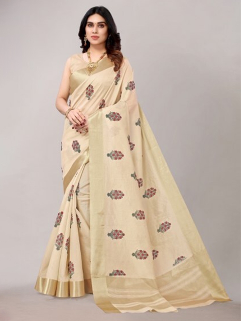 

Yashika Cream-Coloured & Pink Woven Design Zari Saree