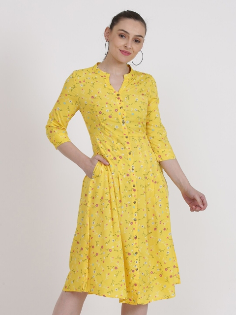 

KURTSY Yellow & primrose yellow Floral Crepe A-Line Dress