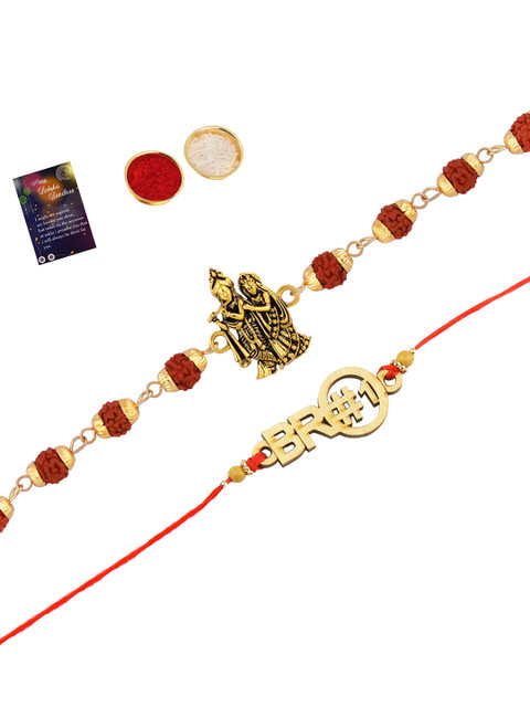 

Silver Shine Set of 2 Red & Gold Bro & Radha Krishna Pendant & Beaded Rakhis