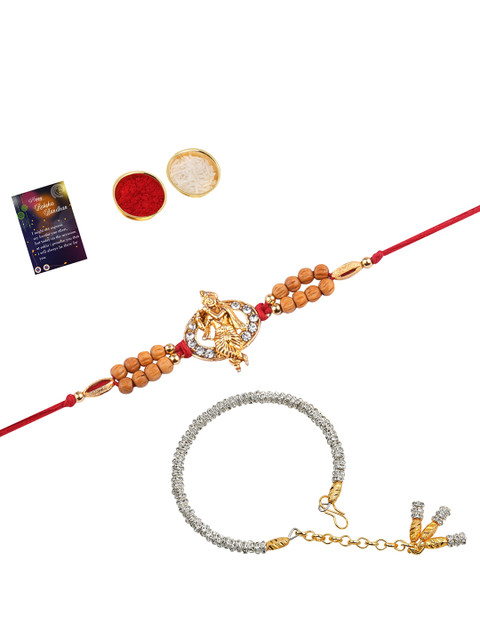 

Silver Shine Unisex Red & Gold-Toned Bhaiya Bhabhi Rakhi With Roli Chawal Set