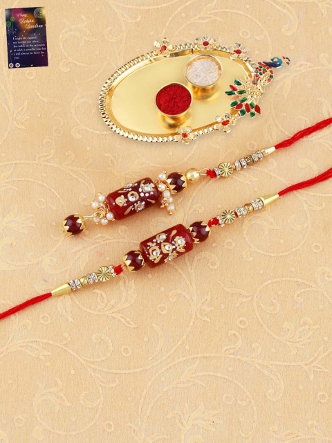 

Silver Shine Set of 2 Multicoloured Bhaiya Bhabhi Rakhi with Pooja Thali, Multi