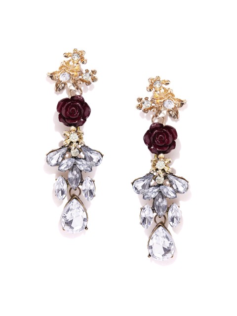 

Golden Peacock Burgundy & White Gold-Plated Stone-Studded Drop Earrings