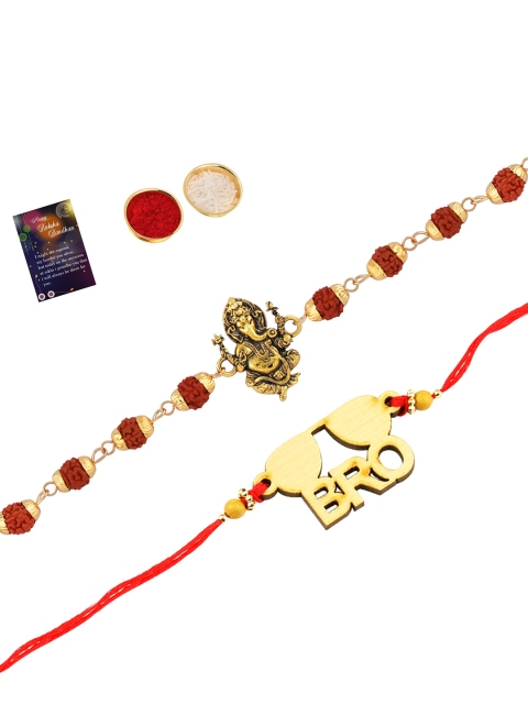 

Silver Shine Set of 2 Red & Gold-Plated Ganeshji & Bro Pendant & Beaded Rakhis Comes with a Card & Roli Chawal