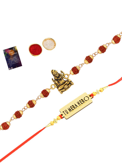 

Silver Shine Set Of 2 Red & Gold-Coloured Beaded Rakhi With Greeting Card & Rolichawal, Multi