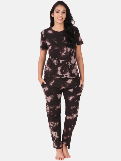 

Masha Women Brown & Mauve Tie and Dye Printed Pure Cotton Night Suit