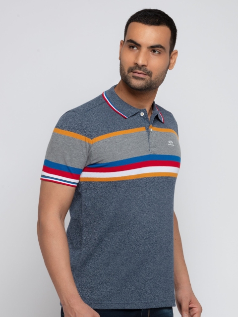

Status Quo Men Navy Blue Striped Polo Collar T-shirt