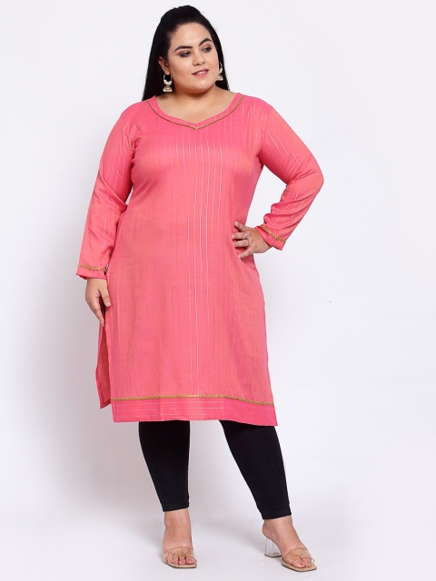 

FAZZN Plus Size Women Pink Striped Cotton Kurta