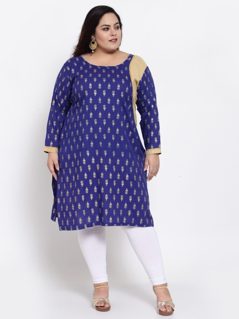 

FAZZN Plus Size Women Blue & Gold-Toned Floral Printed Kurta
