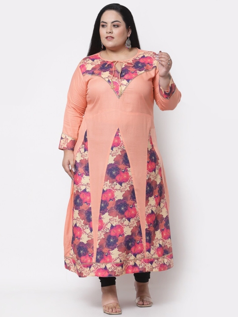 

FAZZN Women Peach & Pink Floral Printed Keyhole Neck Anarkali Kurta
