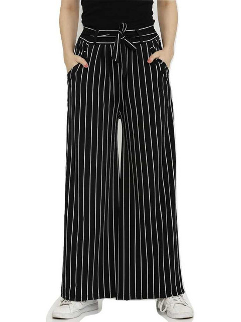 

Trendzmy Women Black & White Striped Chambray Palazzos
