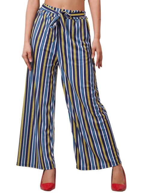 

Trendzmy Women Blue & Yellow Striped Chambray Palazzos