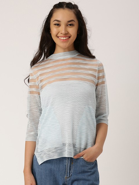 

DressBerry Women Blue Self Design Pullover