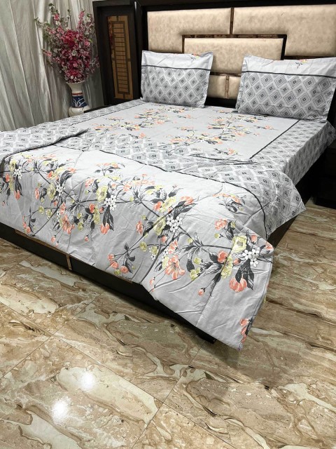 

Pure Decor Grey Floral Printed King Size Cotton Comforter & Bedsheet with 2 Pillow Covers