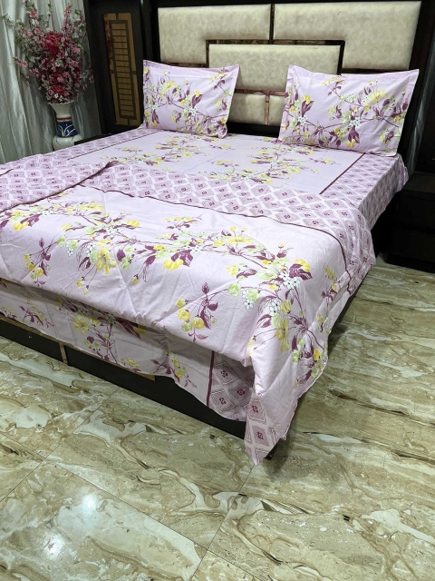 

Pure Decor Set Of 4 Pink Floral Printed Superfine Double King Bedding Set