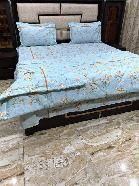 

Pure Decor Blue & Orange Floral Printed Pure Cotton Bedding Set