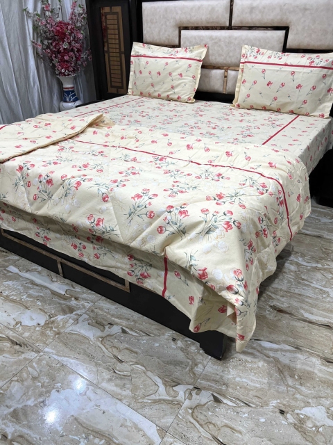 

Pure Decor Yellow Floral King Cotton Comforter & Bedsheet with 2 Pillow Covers