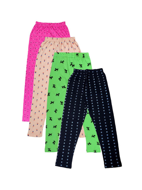 

FRENCH KLEIDER Girls Pack Of 4 Green & Pink Printed Churidar Length Leggings, Multi