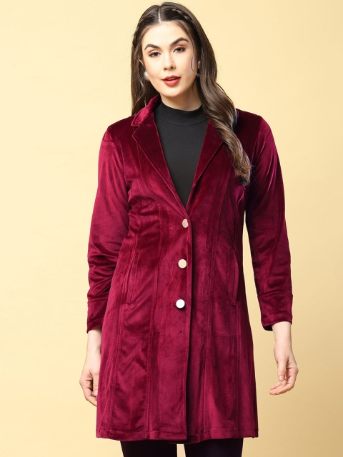 

Lakshita Women Maroon Solid Long Velvet Coats