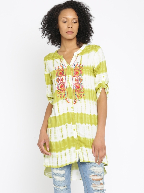 

Fusion Beats Women Green & White Embroidered High-Low Tunic