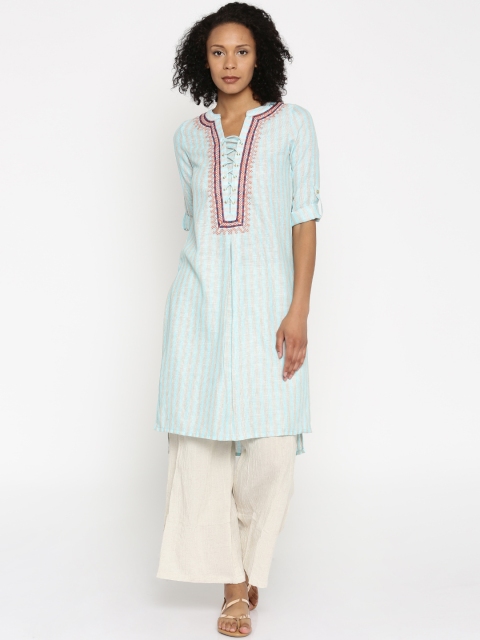 

Fusion Beats Women Blue & Beige Striped Straight Kurta