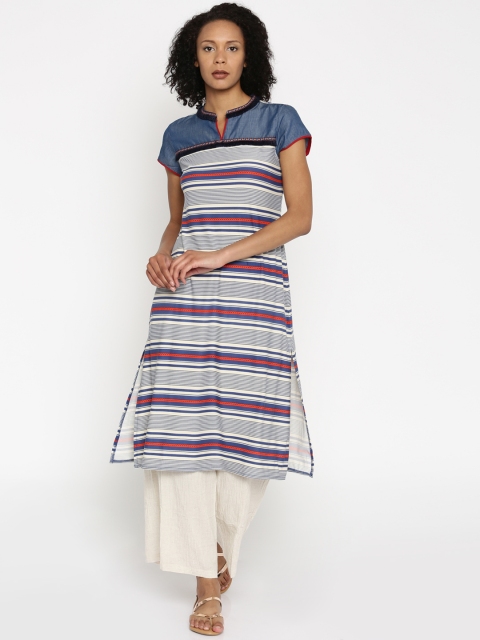 

Fusion Beats Women Blue & Off-White Striped A-Line Kurta