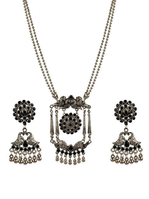 

CARDINAL Women Silver-Toned Black Stone-Studded Jewellery Set