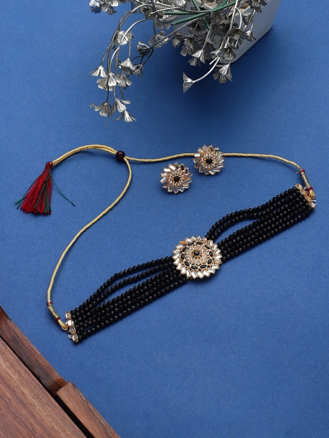 

CARDINAL Gold-Toned White & Blakc Stone-Studded & Beaded Jewellery Set