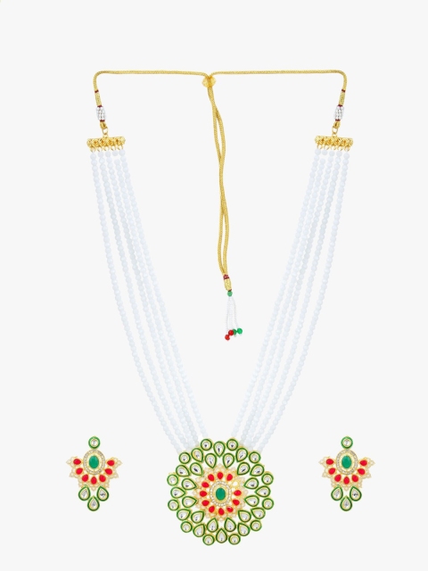 

CARDINAL Gold-Plated White & green Kundan-Studded & Beaded Jewellery Set