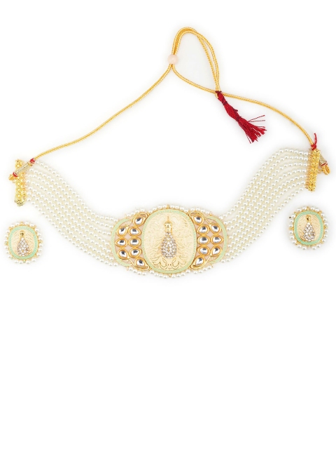 

CARDINAL Gold-Toned & Off-White Kundan-Studded & Beaded Jewellery Set
