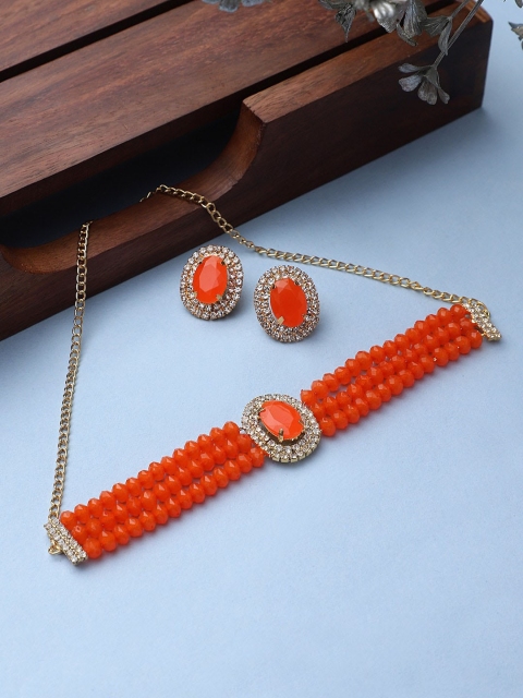 

CARDINAL Gold-Toned Orange Beaded AD-Stone Studded Jewellery Set