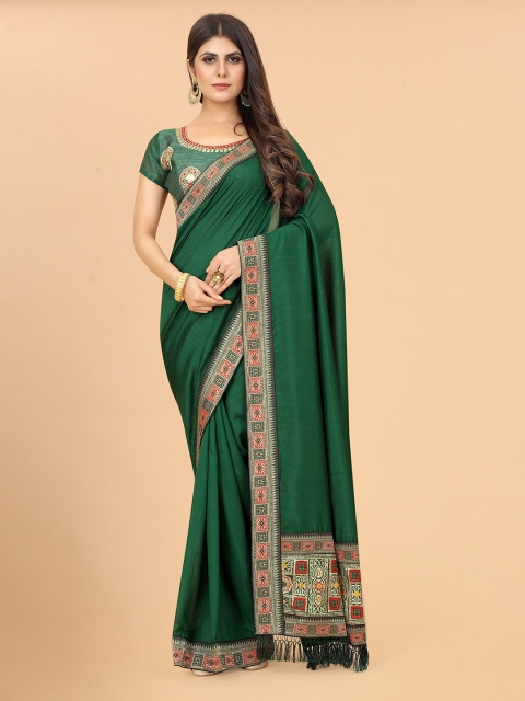 

Anjaneya Sarees Green & Red Zari Silk Blend Ready to Wear Saree