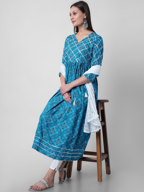 

Sanganeri Kurti Women Blue Printed Angrakha Gotta Patti Kurta with Trousers