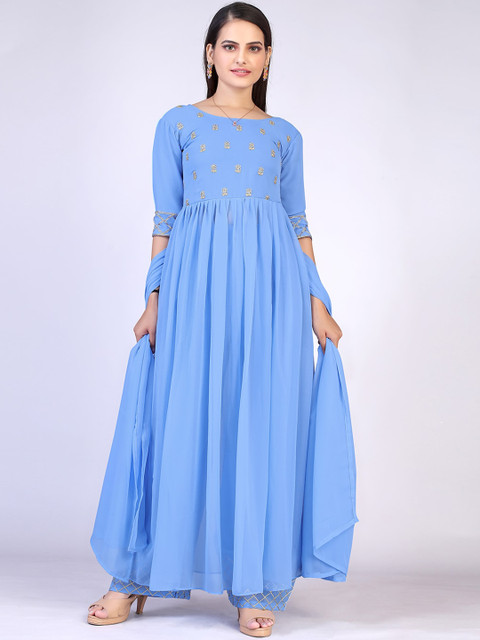 

PRENEA Women Blue Yoke Design Pleated Kurti with Palazzos