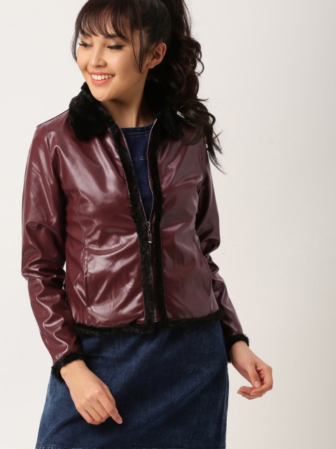 

DressBerry Women Maroon Solid Biker Jacket