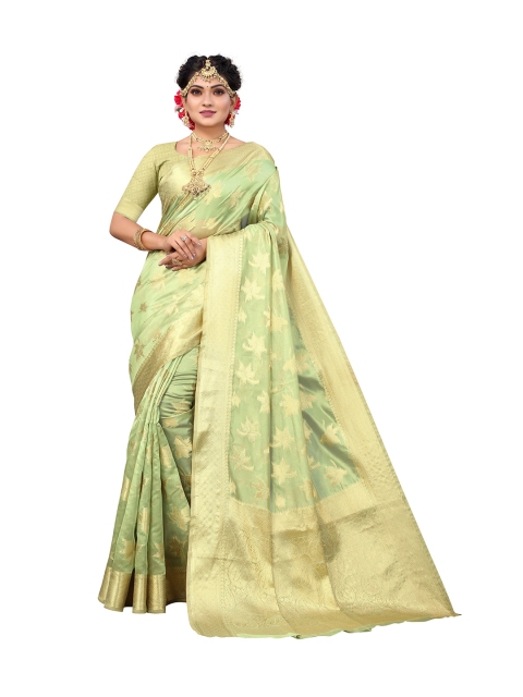 

Nimayaa Green & Gold-Toned Floral Zari Silk Blend Kanjeevaram Saree