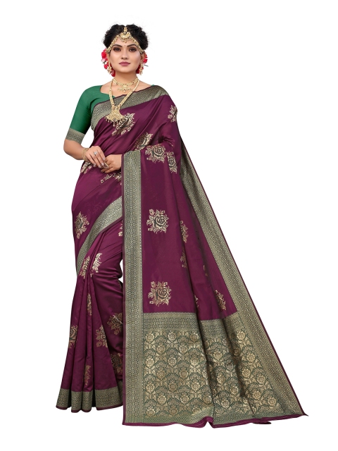 

Nimayaa Purple & Gold-Toned Floral Zari Silk Blend Kanjeevaram Saree